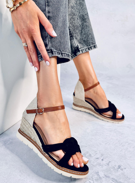 Női velúr espadrilles szandál sarokkal - fekete színű