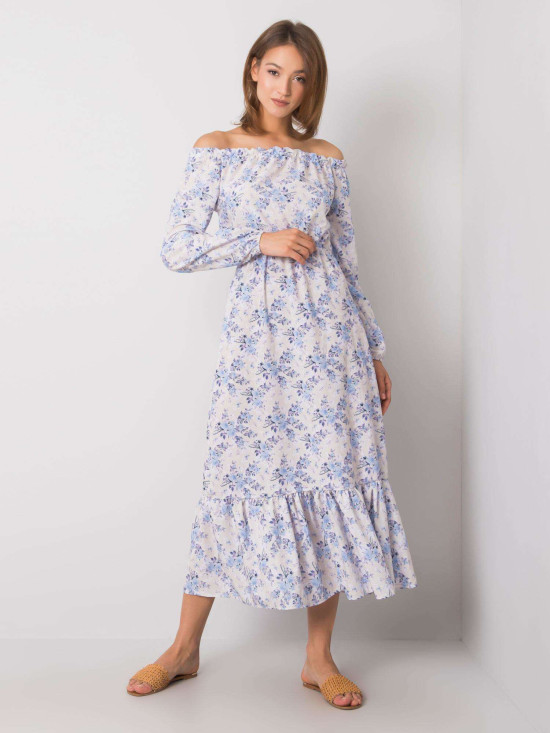 Bézs és kék színű maxi ruha off-shoulder nyakkivágással