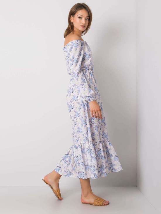 Bézs és kék színű maxi ruha off-shoulder nyakkivágással