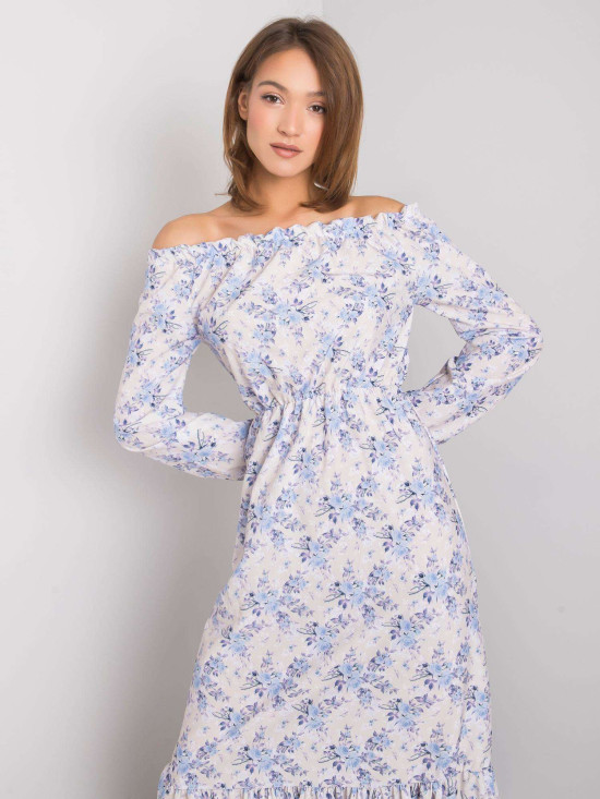 Bézs és kék színű maxi ruha off-shoulder nyakkivágással