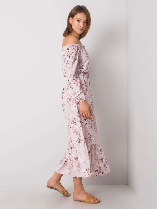 Rózsaszínű  virágmintás maxi ruha off-shoulder szabásban RUE PARIS