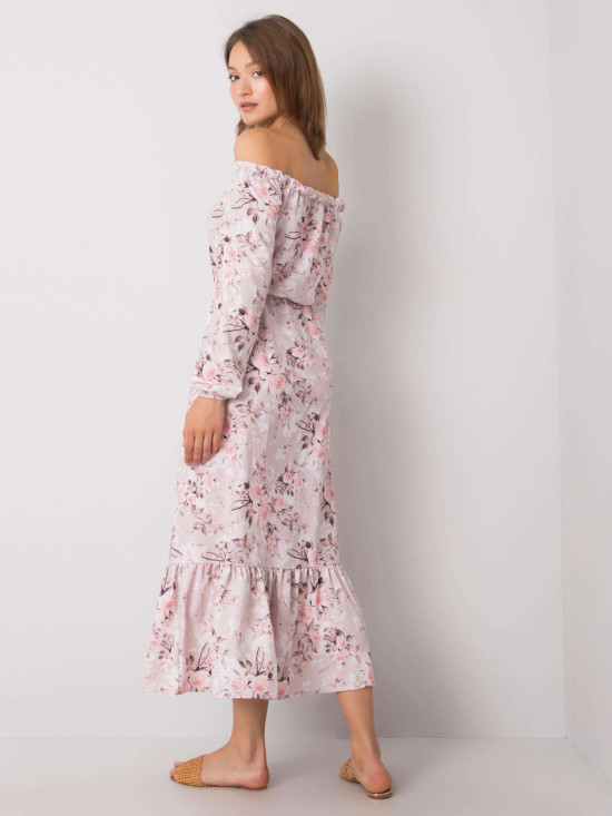 Rózsaszínű  virágmintás maxi ruha off-shoulder szabásban RUE PARIS