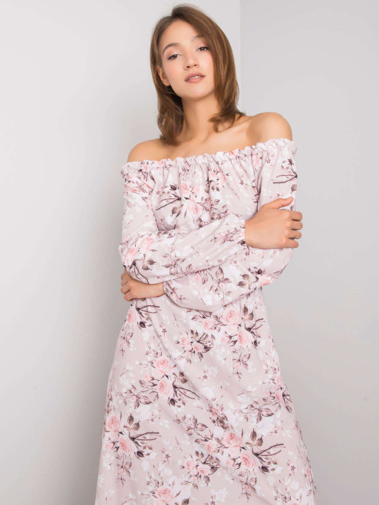 Rózsaszínű  virágmintás maxi ruha off-shoulder szabásban RUE PARIS