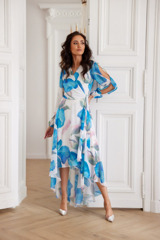 Fiorella – megkötős sifon midi ruha - fehér/kék színű