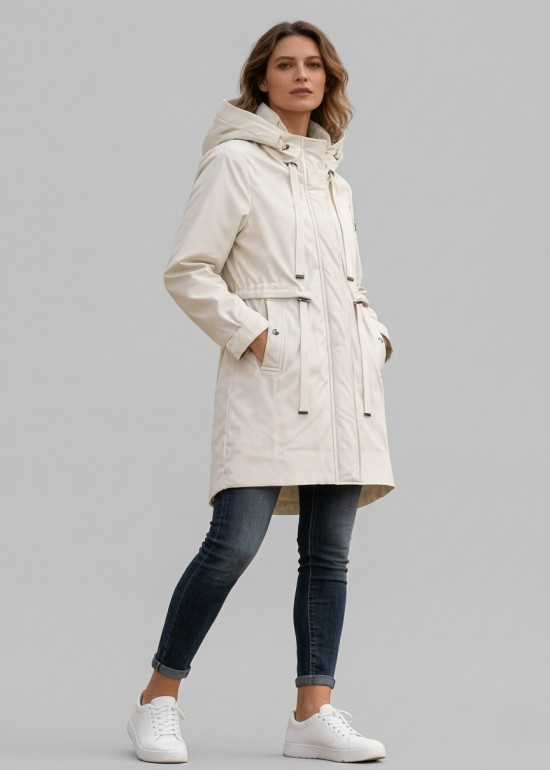 Ekrü színű tavaszi parka nagy kapucnival