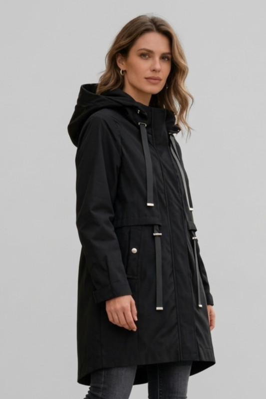 Fekete színű tavaszi parka nagy kapucnival