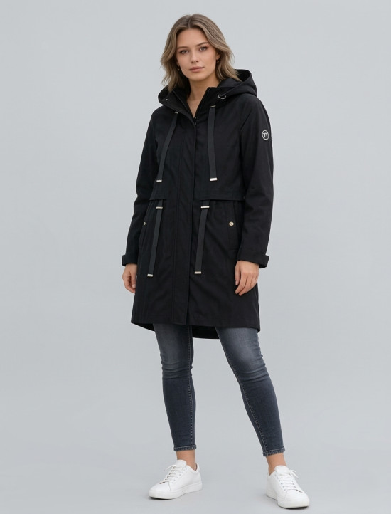 Fekete színű tavaszi parka nagy kapucnival