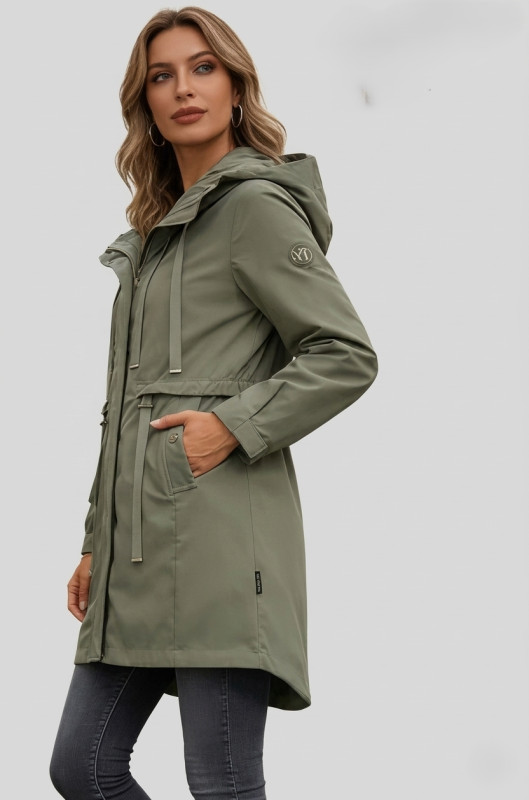 Khaki színű tavaszi parka nagy kapucnival