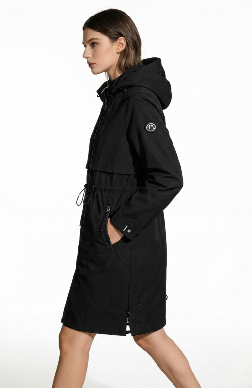 Fekete színű átmeneti parka derékban behúzással