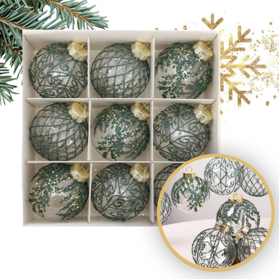 Karácsonyfadíszek zöld/átlátszó, 8 cm, 9 darab