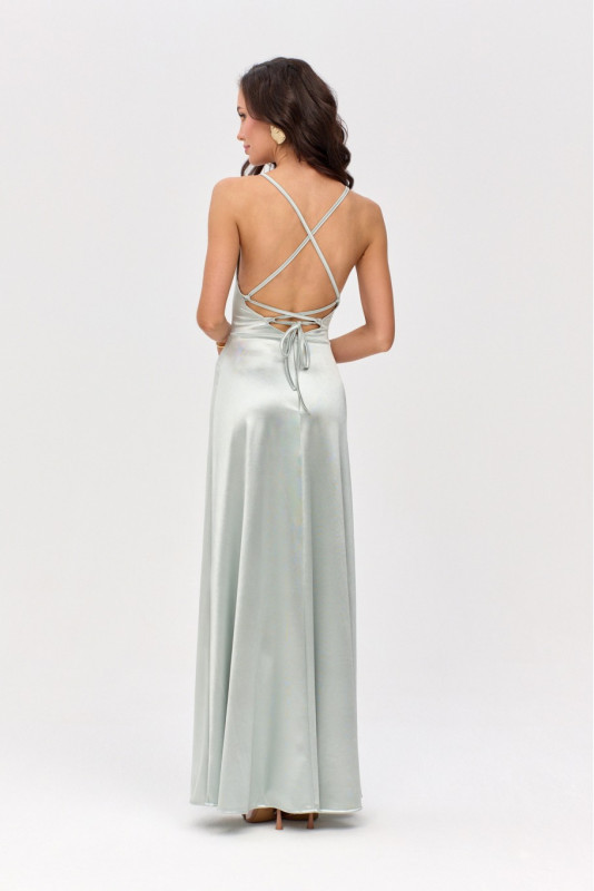 Szatén maxi ruha hátul megkötős, mentazöld színben