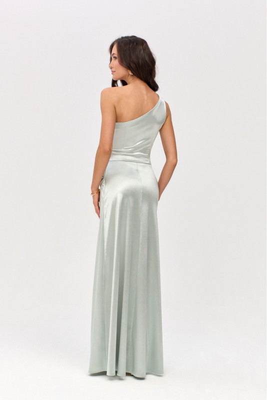 Mentaszínű egyvállas szatén maxi ruha