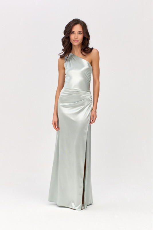 Mentaszínű egyvállas szatén maxi ruha