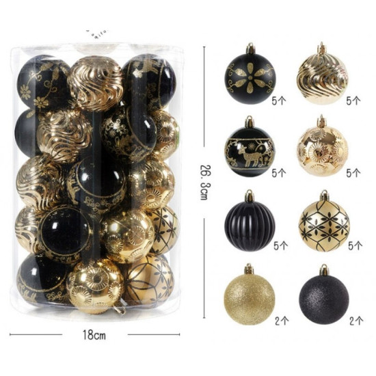 Fekete/aranyszínű karácsonyfadíszek, 6 cm, 34 darab