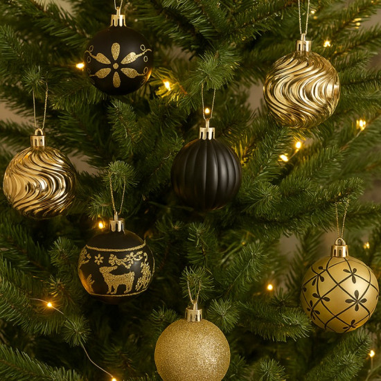 Fekete/aranyszínű karácsonyfadíszek, 6 cm, 34 darab