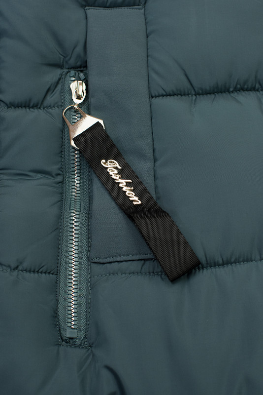 Petrolzöld színű hosszú téli kabát műszőrmével