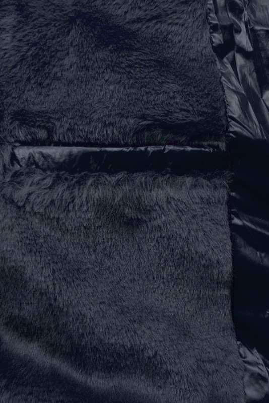 Sötétkék színű rövid téli kabát barna színű műszőrmével