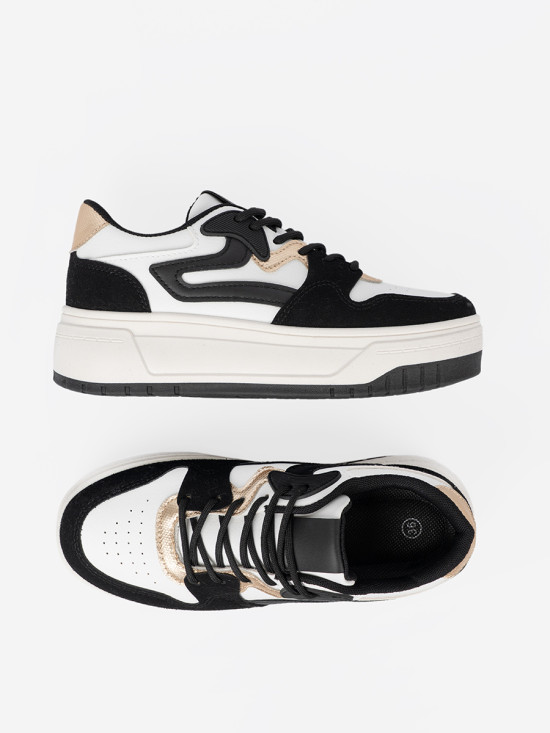 Fekete-fehér színű sneaker cipő aranyszínű részletekkel