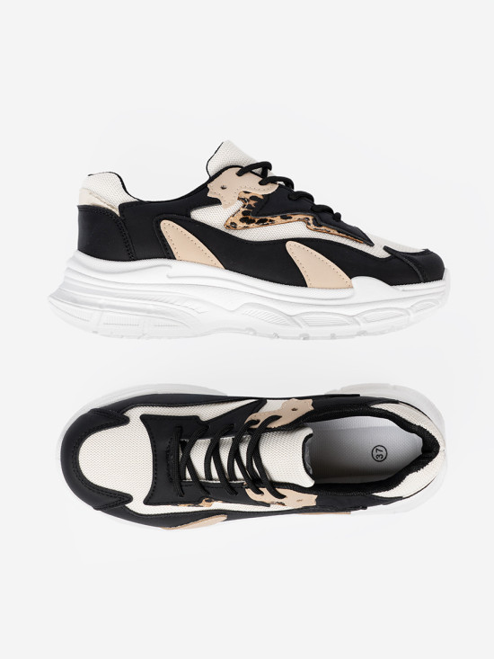 Fekete és bézs színű női sneaker cipő vastag talppal