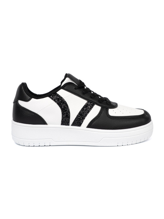 Stílusos fekete-fehér színű sneaker cipő csillogó részletekkel