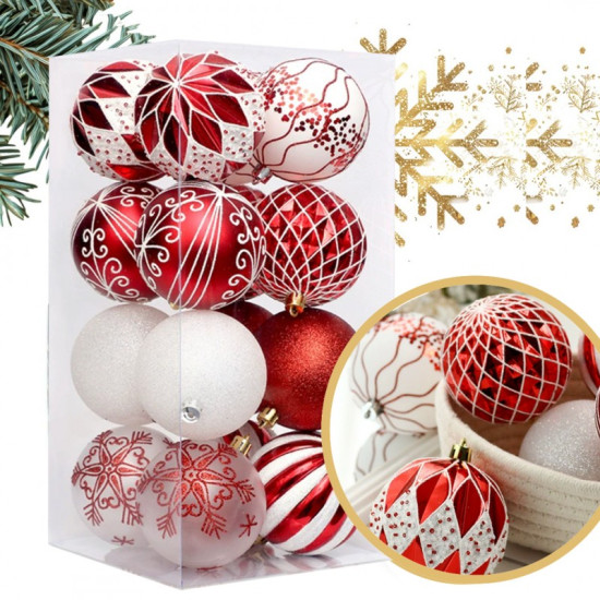 Piros/fehér színű karácsonyfadíszek, 8 cm, 16 darab