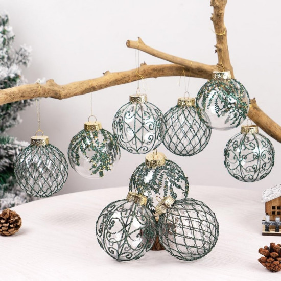 Karácsonyfadíszek zöld/átlátszó, 8 cm, 9 darab