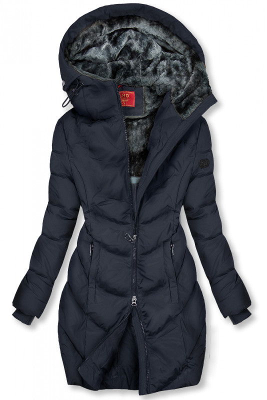 Sötétkék színű teli kabát hosszított fazonban