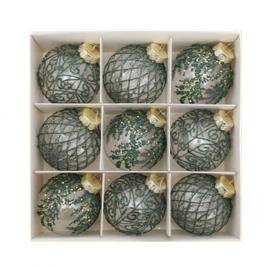 Karácsonyfadíszek zöld/átlátszó, 8 cm, 9 darab