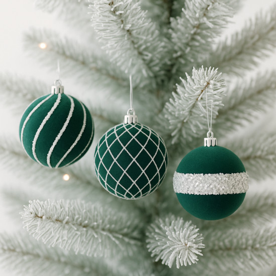 Zöld színű velúr karácsonyfadíszek, 8 cm, 9 darab