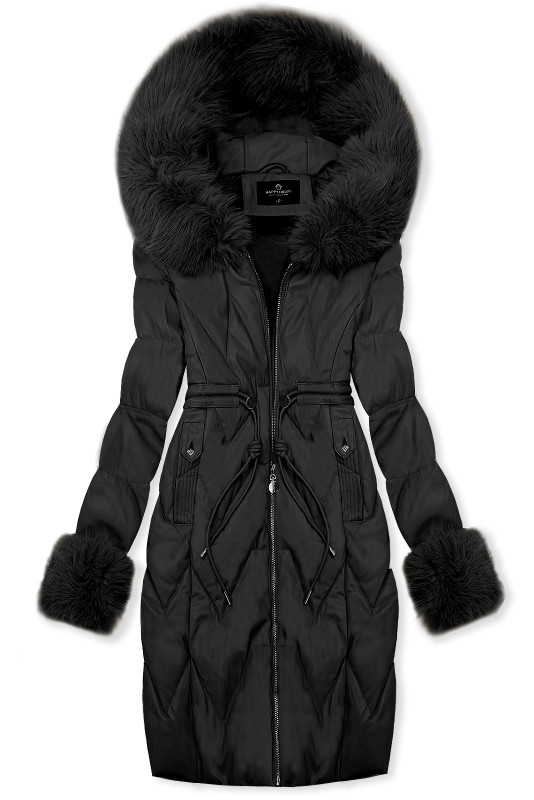 Téli műbőrkabát műszőrmével - fekete színű