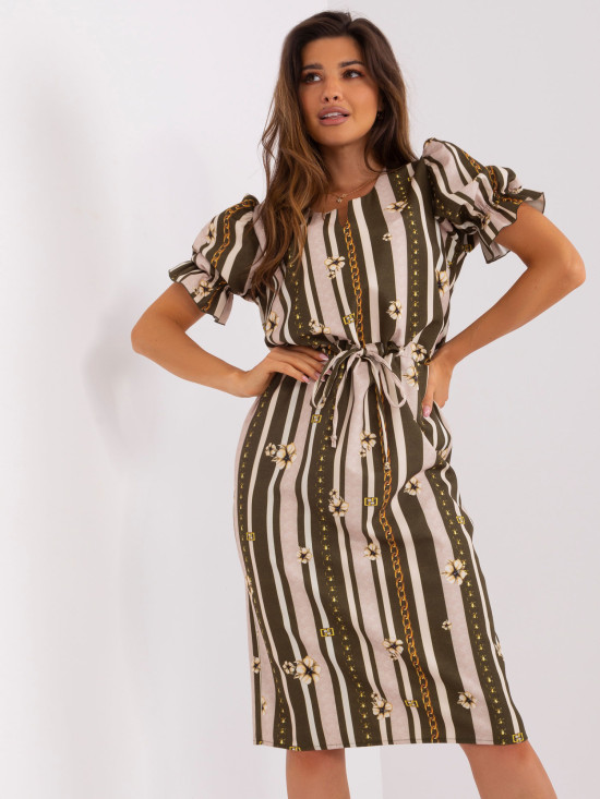 Khaki midi ruha nyomattal és rövid ujjakkal