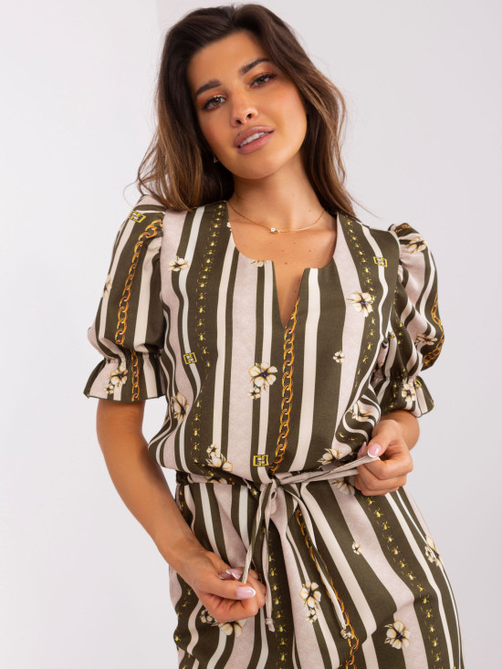 Khaki midi ruha nyomattal és rövid ujjakkal