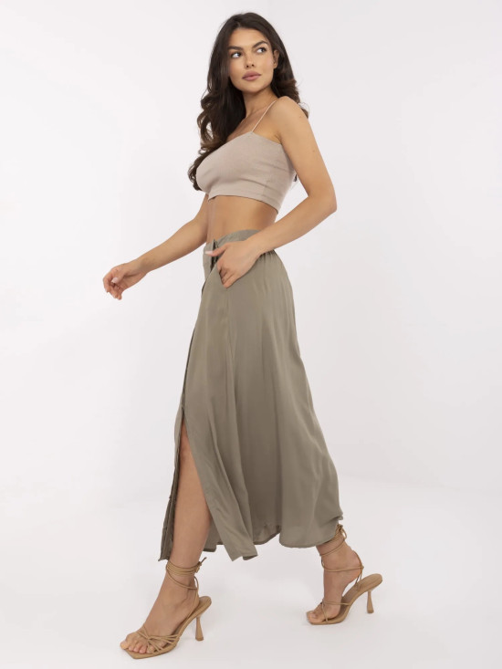 Elegáns midi szoknya khaki színben