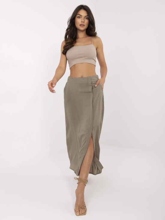 Elegáns midi szoknya khaki színben