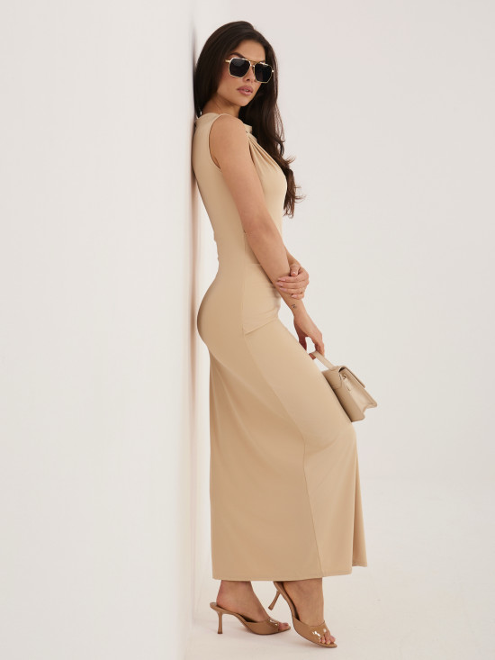 Bézs színű ujjatlan midi ceruzaruha