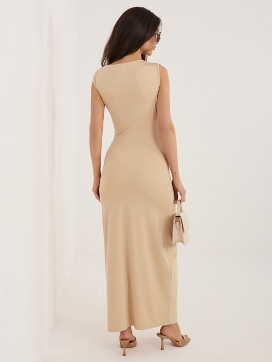 Bézs színű ujjatlan midi ceruzaruha