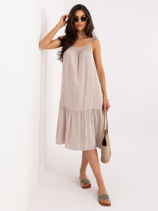 Bézs bővülő midi ruha pántokkal és fodorral