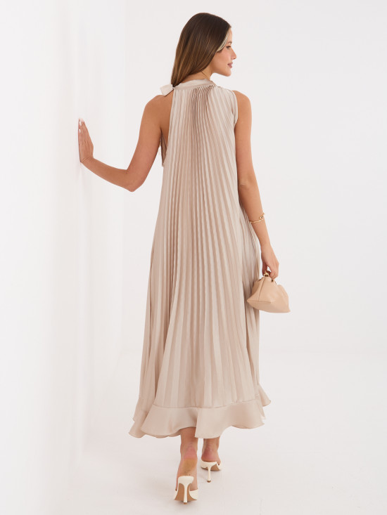 Bézs színű koktél midi ruha megkötővel és fodorral