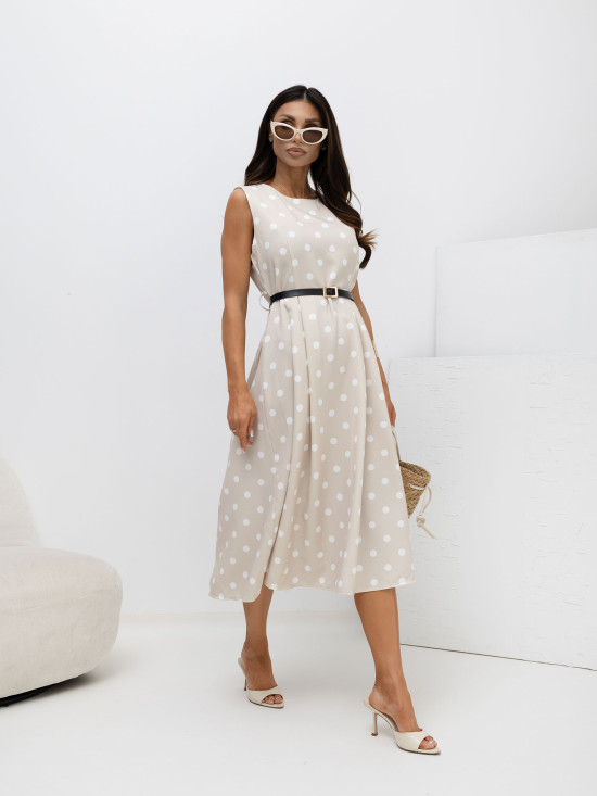 Bézs színű pöttyös midi ruha övvel