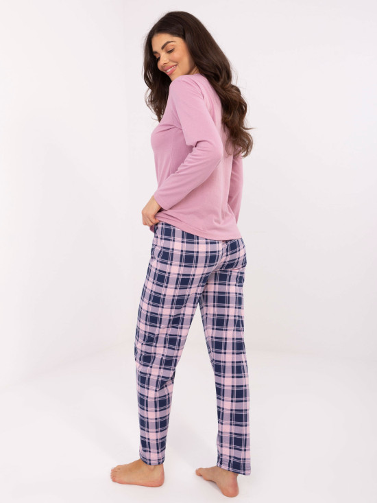 Női hosszú ujjú pizsama rózsaszín kockás mintával