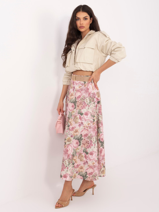 Elegáns virágmintás midi szoknya övvel - rózsaszínű
