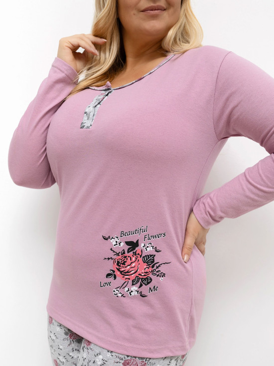 Női pizsama virágmintával, hosszú ujjú, rózsaszín