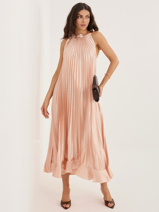 Őszibarackszínű koktél midi ruha fodorral és megkötővel