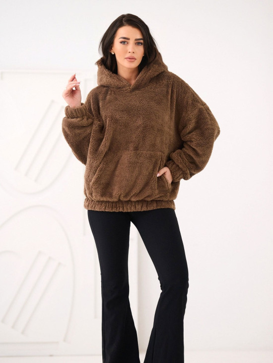 Bézs kapucnis pulóver zsebbel