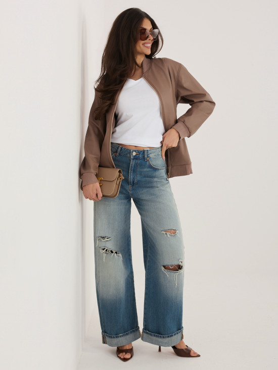 Bézs műbőr átmeneti dzseki állógallérral