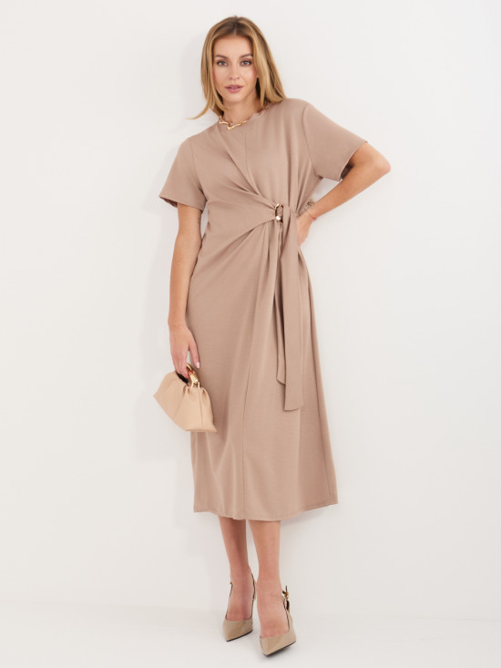 Bézs midi nyári ruha rövid ujjal