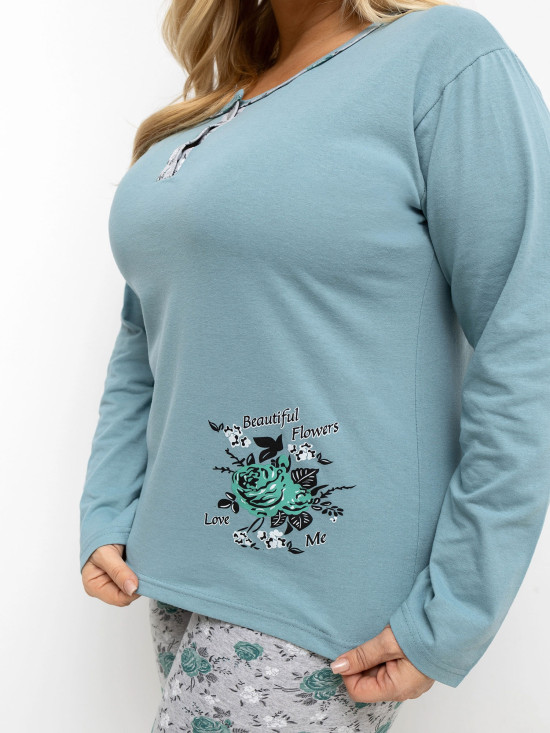 Női pizsama virágmintával, hosszú ujjú, zöld
