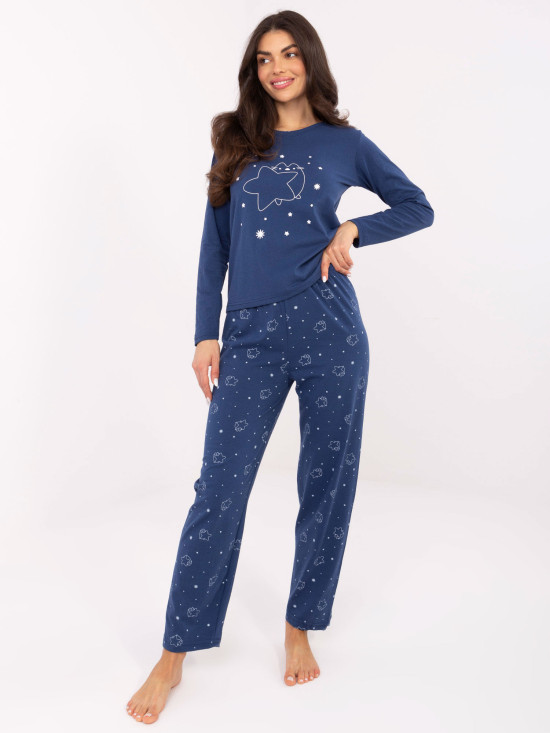 Női hosszú ujjú pizsama sötétkék színben