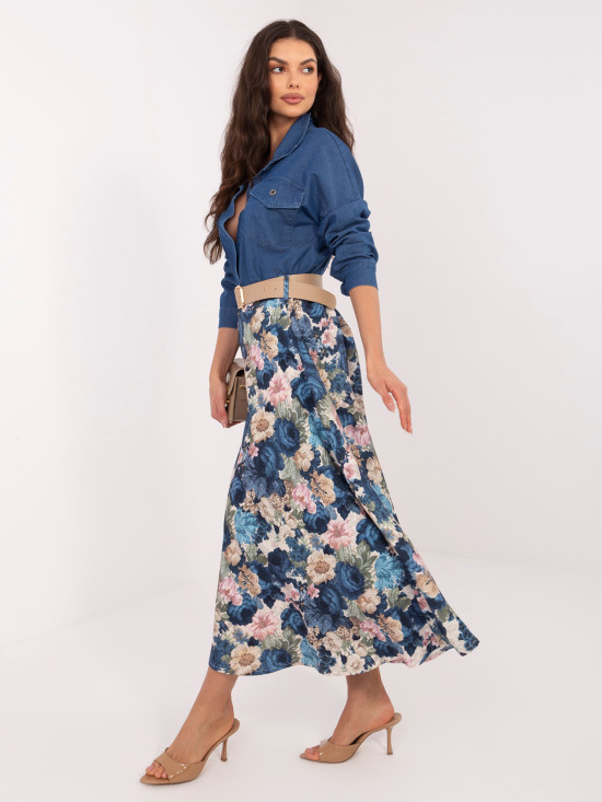 Elegáns virágmintás midi szoknya övvel - sötétkék színű