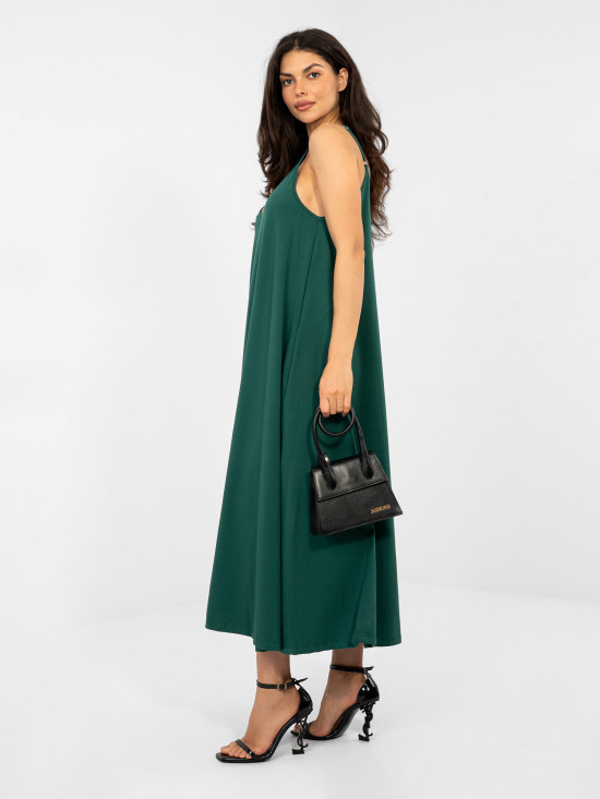 Sötétzöld színű maxi nyári vállpántos ruha